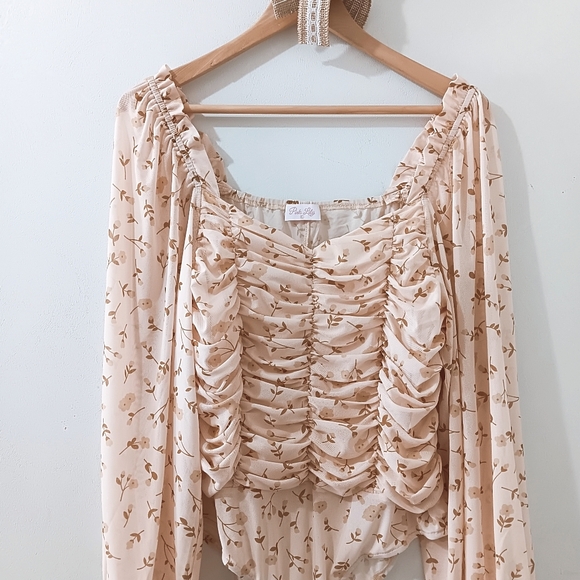 Pink Lily Tops - Pink Lily Vintage Harvest Floral Sheer Ruched Off The Shoulder Cream Bodysuit XL
